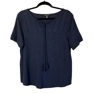 Hilary Radley tee short sleeve top navy blue eyelets tassel boho size L